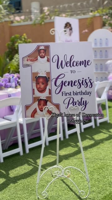 First birthday welcome board with a photo-filled 1